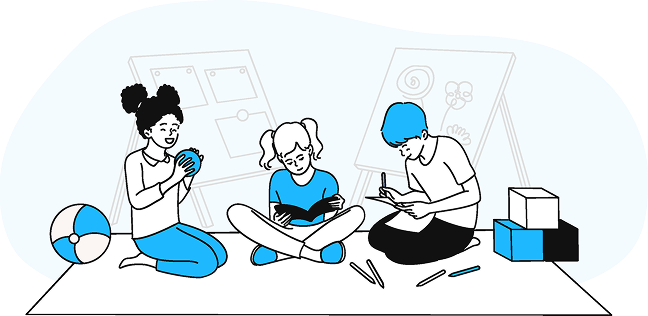 読書やお絵描きをして、室内で安心して過ごす子供たちのイラスト