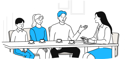 児童福祉司が家族と面談し、相談に対応している業務風景のイラスト